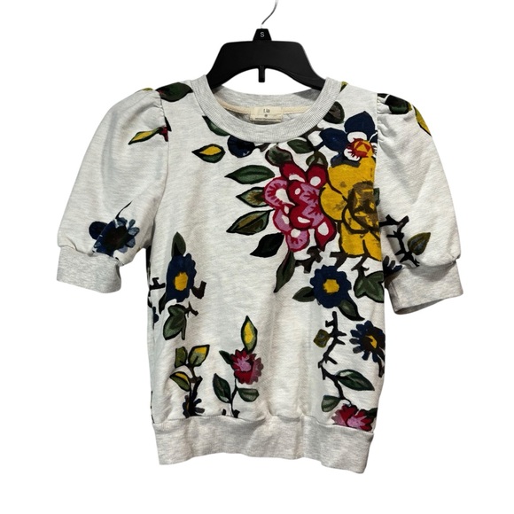 T.La Tops - T.la Puff-Sleeved Pullover floral short sleeve sweatshirt sz XS yellow pink gray
